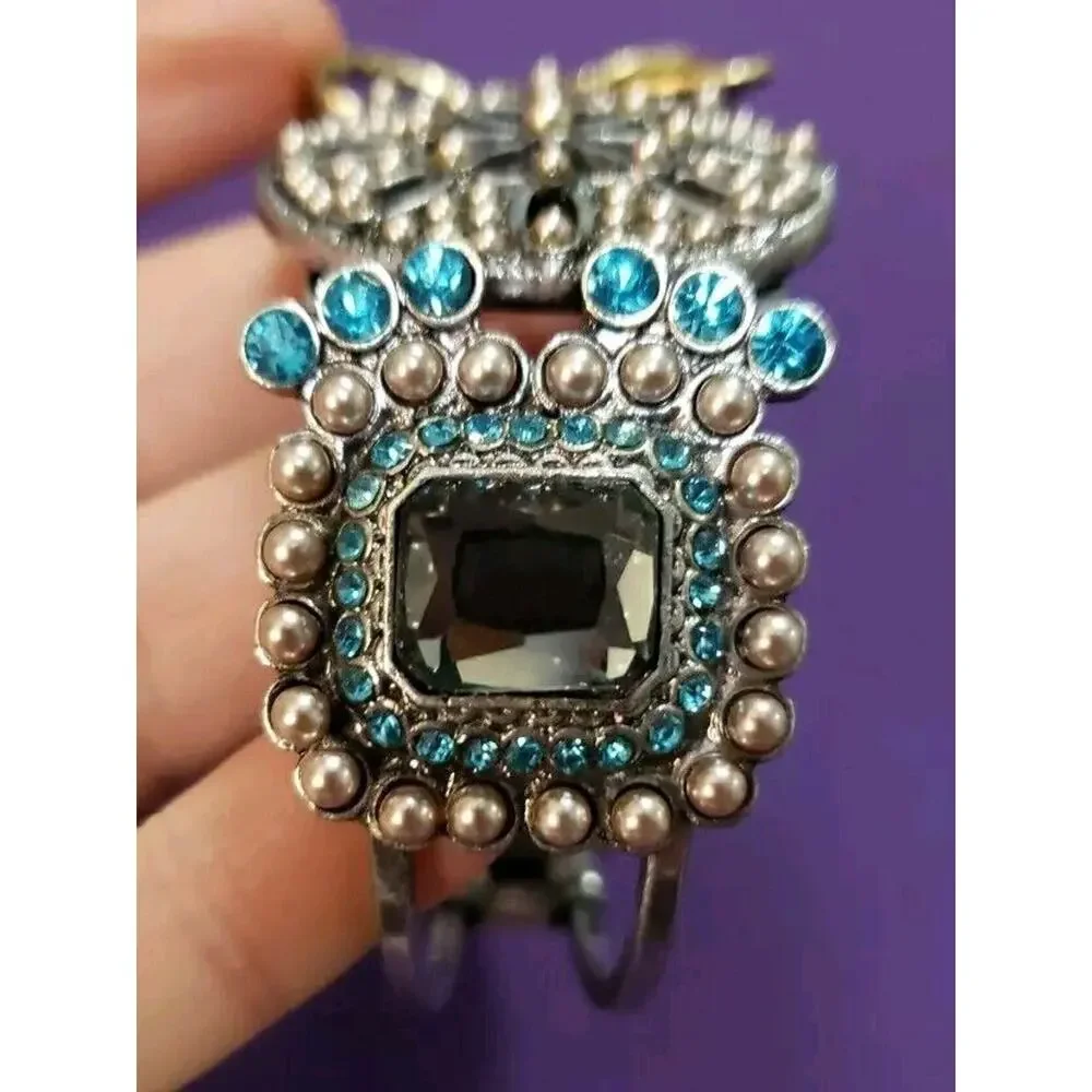 Chunky Ornate Clamper Bangle Bracelet Silver Tone Blue Rhinestones Gold Tone Bow